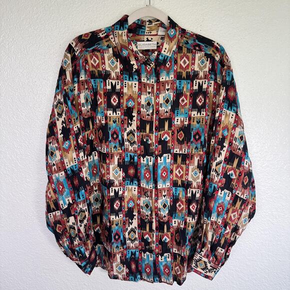 Vintage Western Shirt Womens 14 Aztec Southwestern Rayon Boho 90s Liz Claiborne - Picture 1 of 9